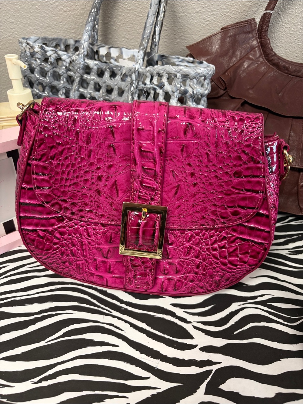 Croc-Embossed Fuchsia Crossbody Bag with Gold Buckle